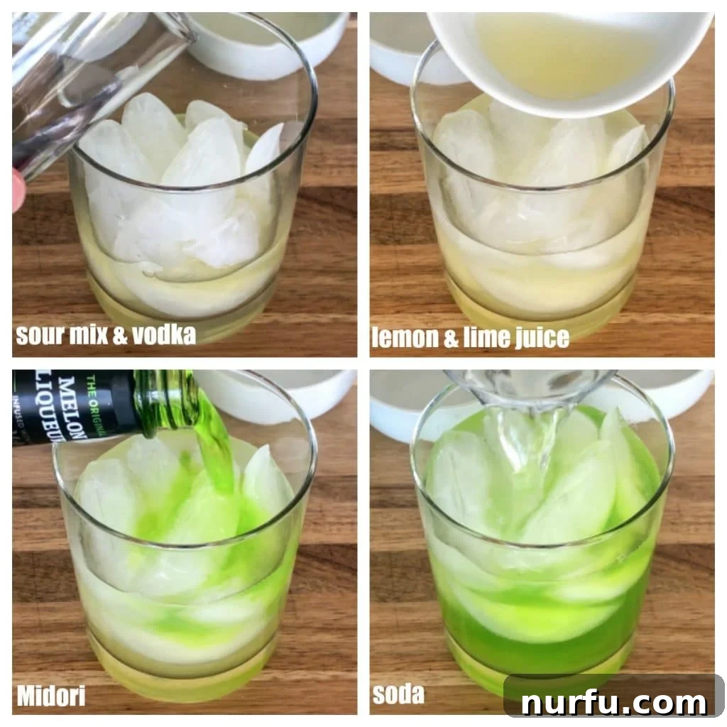 A step-by-step visual guide to making a Midori Sour, illustrating a clear glass being filled with ice, followed by the pouring of sour mix, vodka, lemon juice, Midori liqueur, and finally topped with lemon-lime soda.
