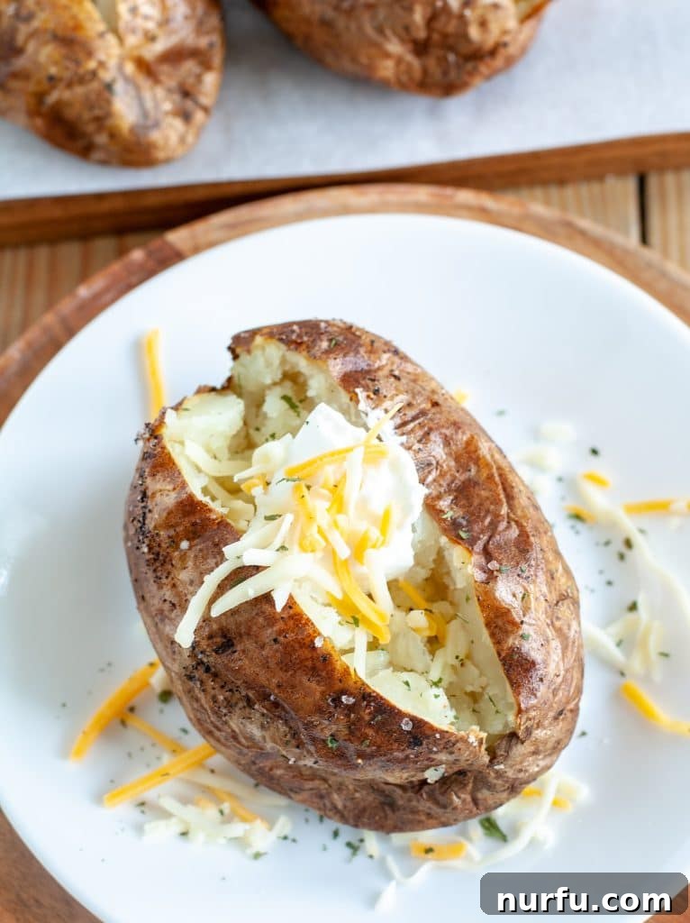 Crisp Air Fryer Baked Potatoes 2 Baked potato on a plate with sour cream and cheese