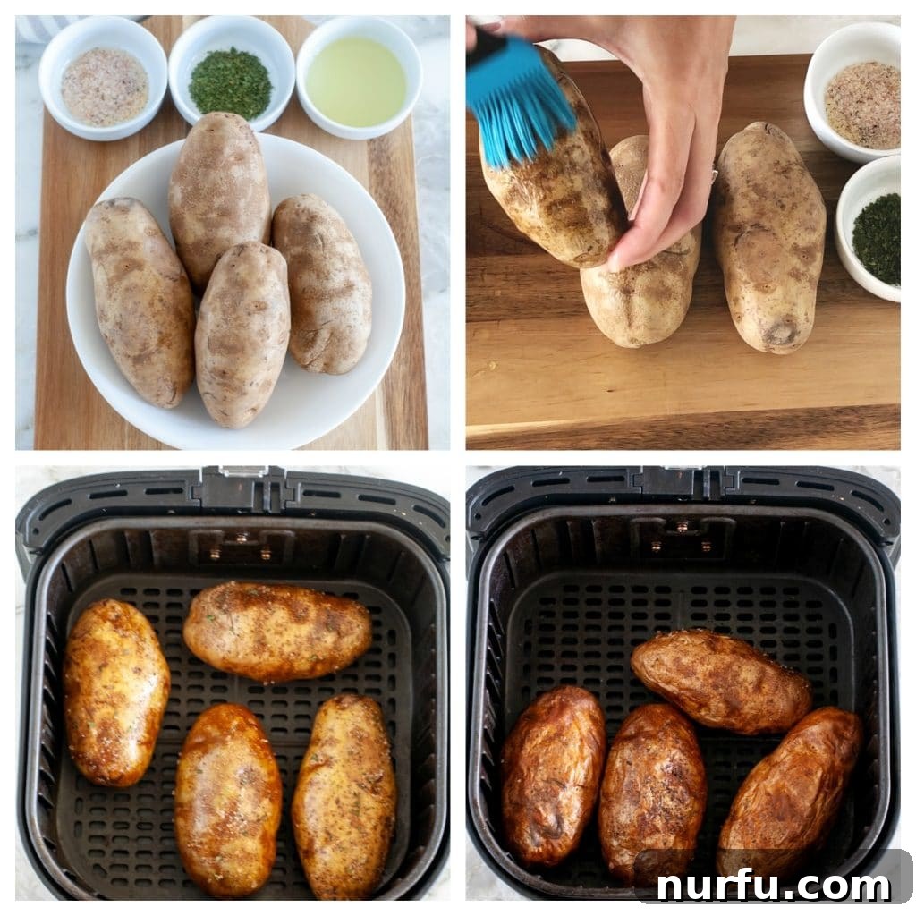Crisp Air Fryer Baked Potatoes 3 potatoes with oil and in air fryer basket