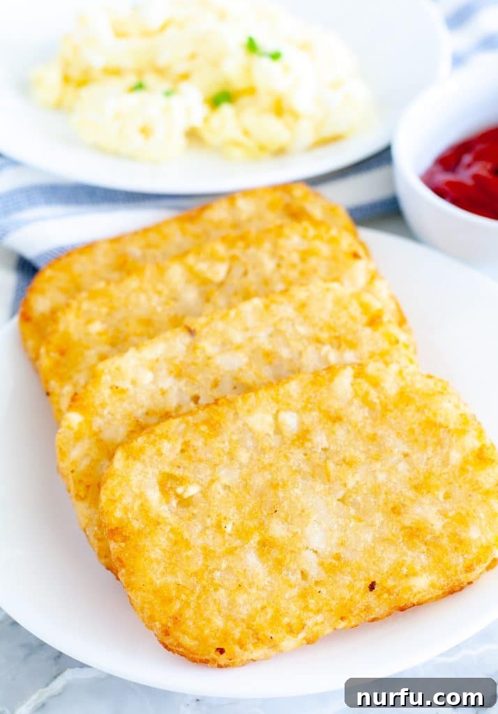 Perfectly Crispy Air Fryer Hash Browns 2 Cooked hash brown patties on a plate