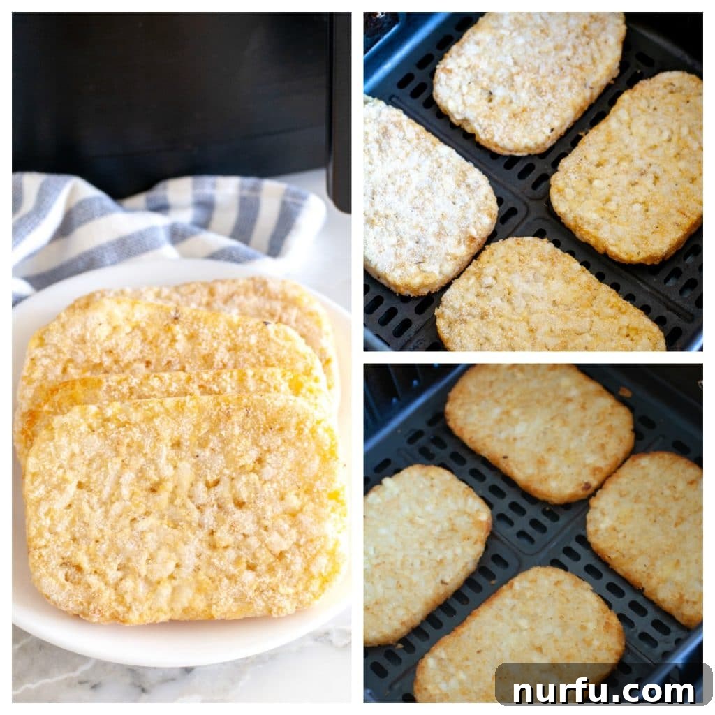 Perfectly Crispy Air Fryer Hash Browns 3 Frozen hash browns on a plate and then cooked in air fryer