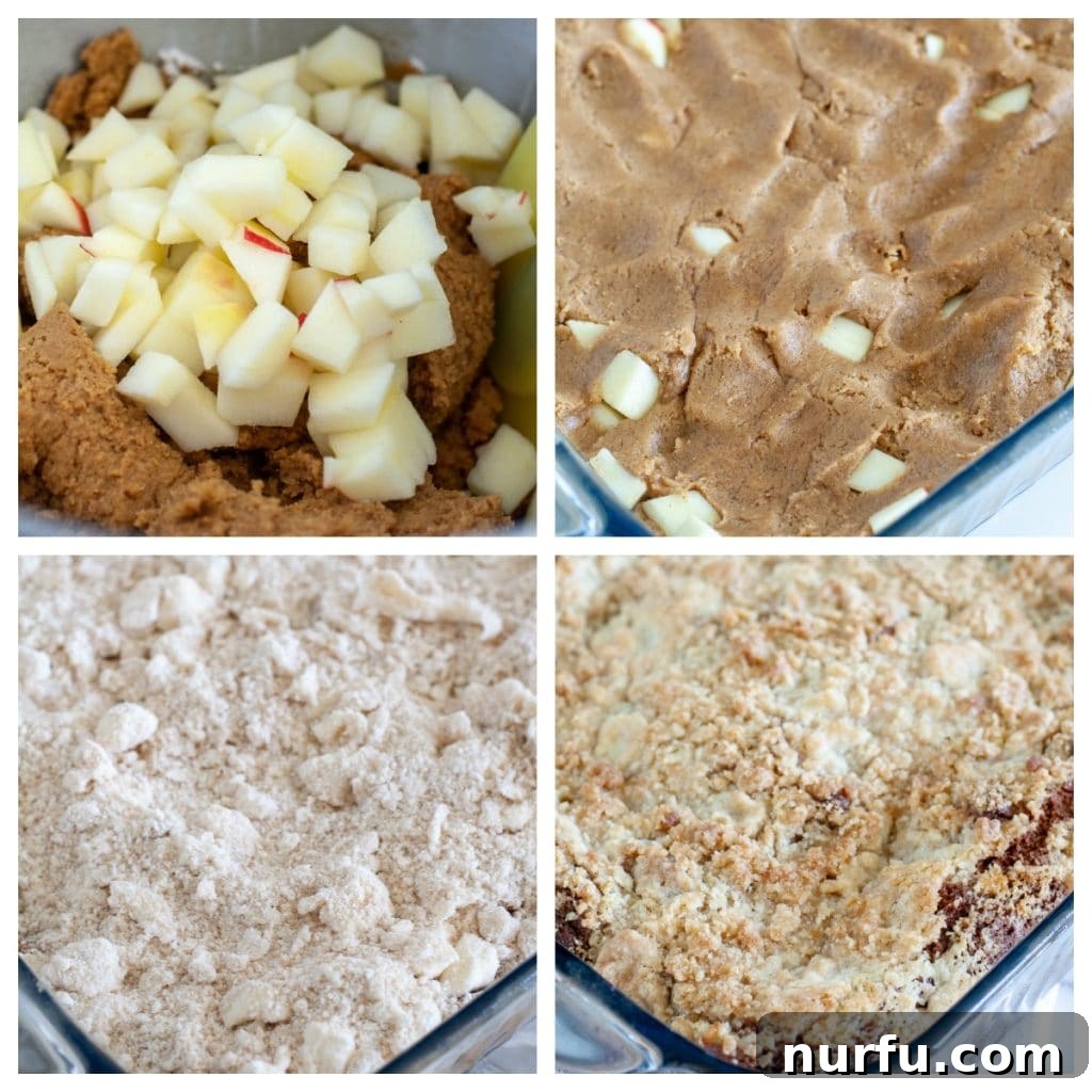 Spiced Apple Gingerbread Squares 3 Gingerbread batter with apples, in a baking dish, topped with streusel and baked