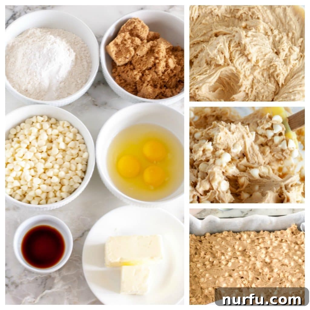 Ingredients for blonde brownies laid out: flour, brown sugar, white chocolate chips, eggs, butter, vanilla extract, and mixed batter