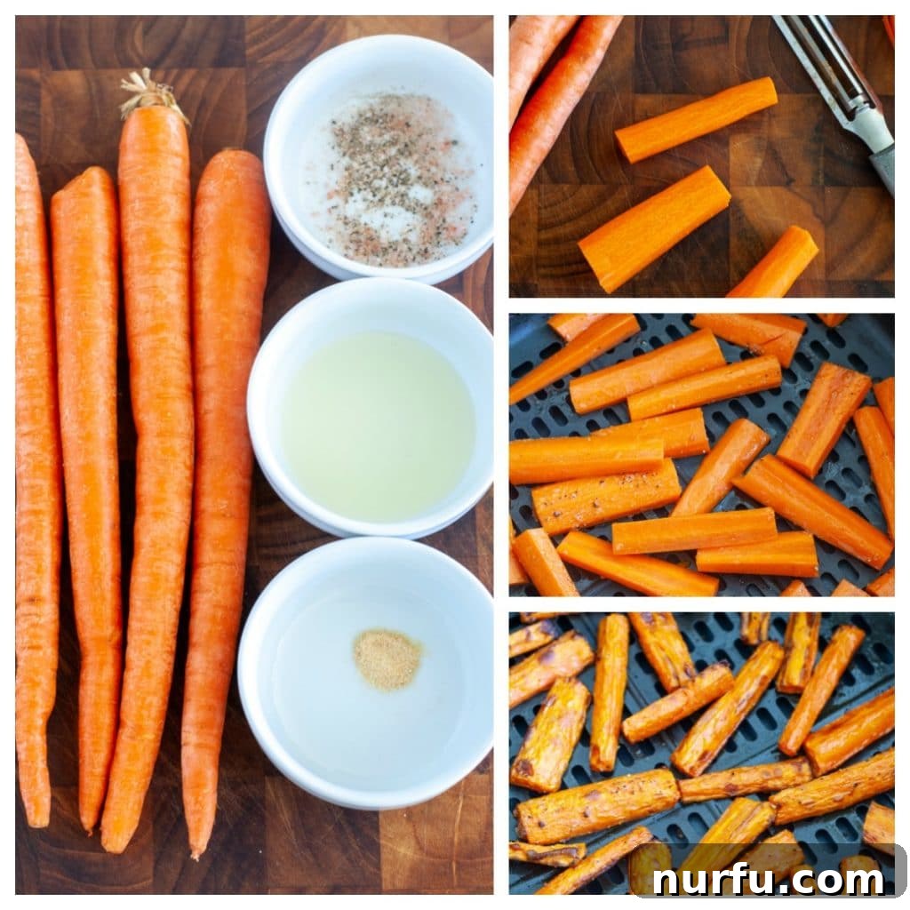 Quick Air Fryer Carrots 3 Carrots, oil, garlic powder, salt and pepper, in the air fryer