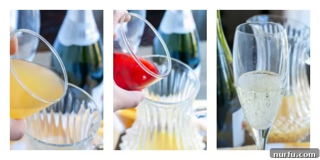 A step-by-step visual showing pouring pineapple juice, then grenadine, and finally sparkling wine into a glass for a blushing mimosa.