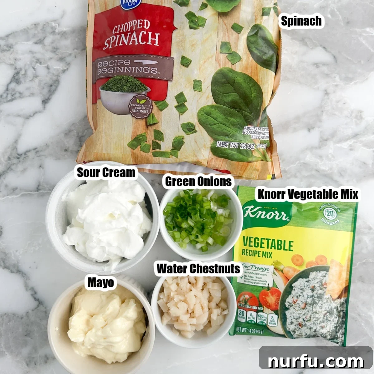 Creamy Knorr Spinach Dip 3 Bowl of sour cream, mayonnaise, bag of frozen spinach, and Knorr vegetable mix.