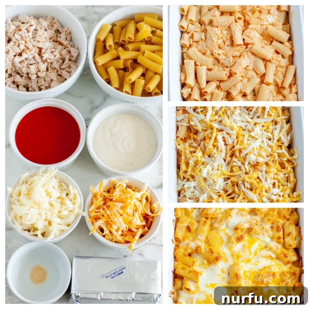 Ingredients for Buffalo Chicken Pasta in a bowl before baking