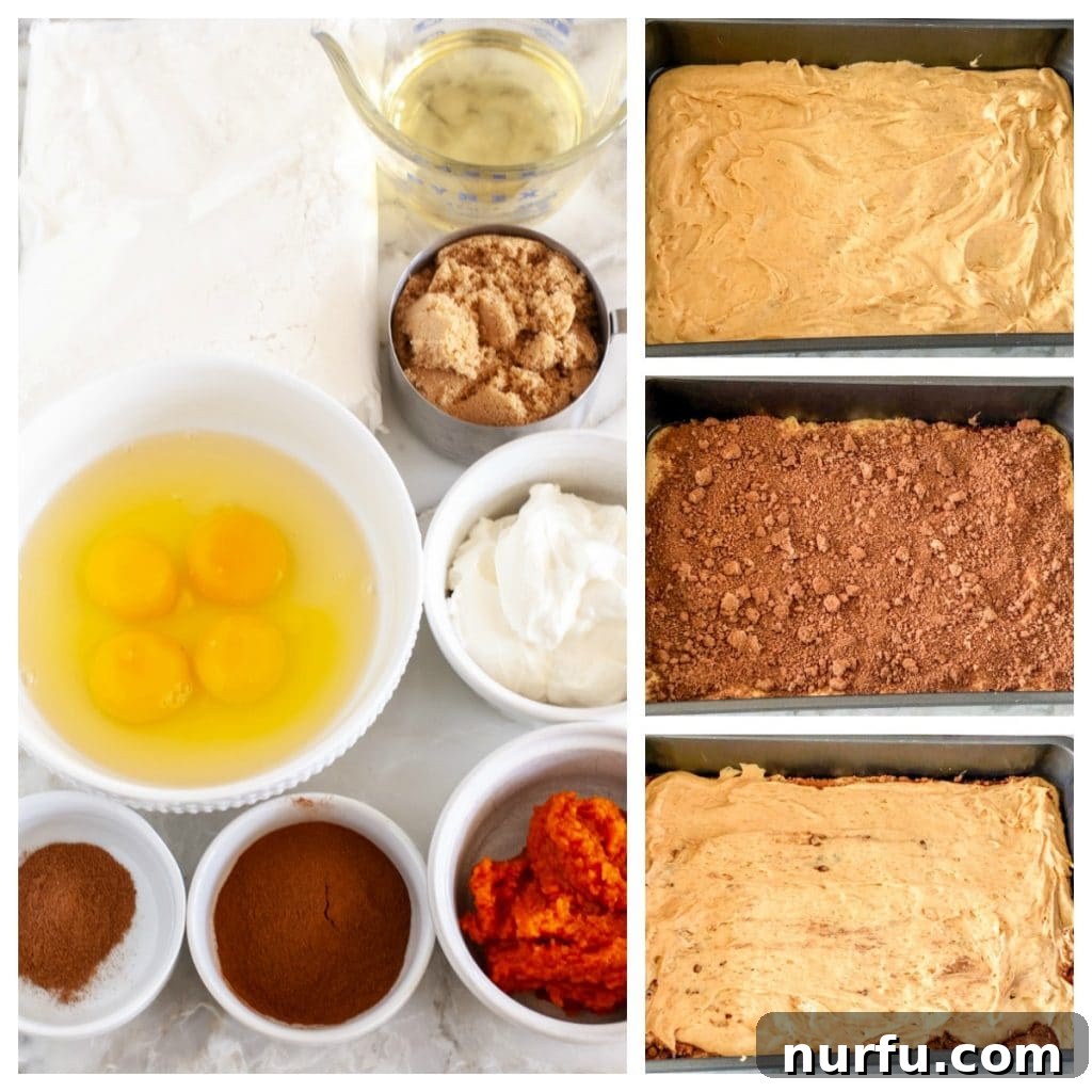 Autumn Spiced Pumpkin Coffee Cake 3 Bowl of eggs, cake mix, pumpkin, brown sugar, oil, cinnamon, sour cream, demonstrating the ingredients for pumpkin coffee cake.