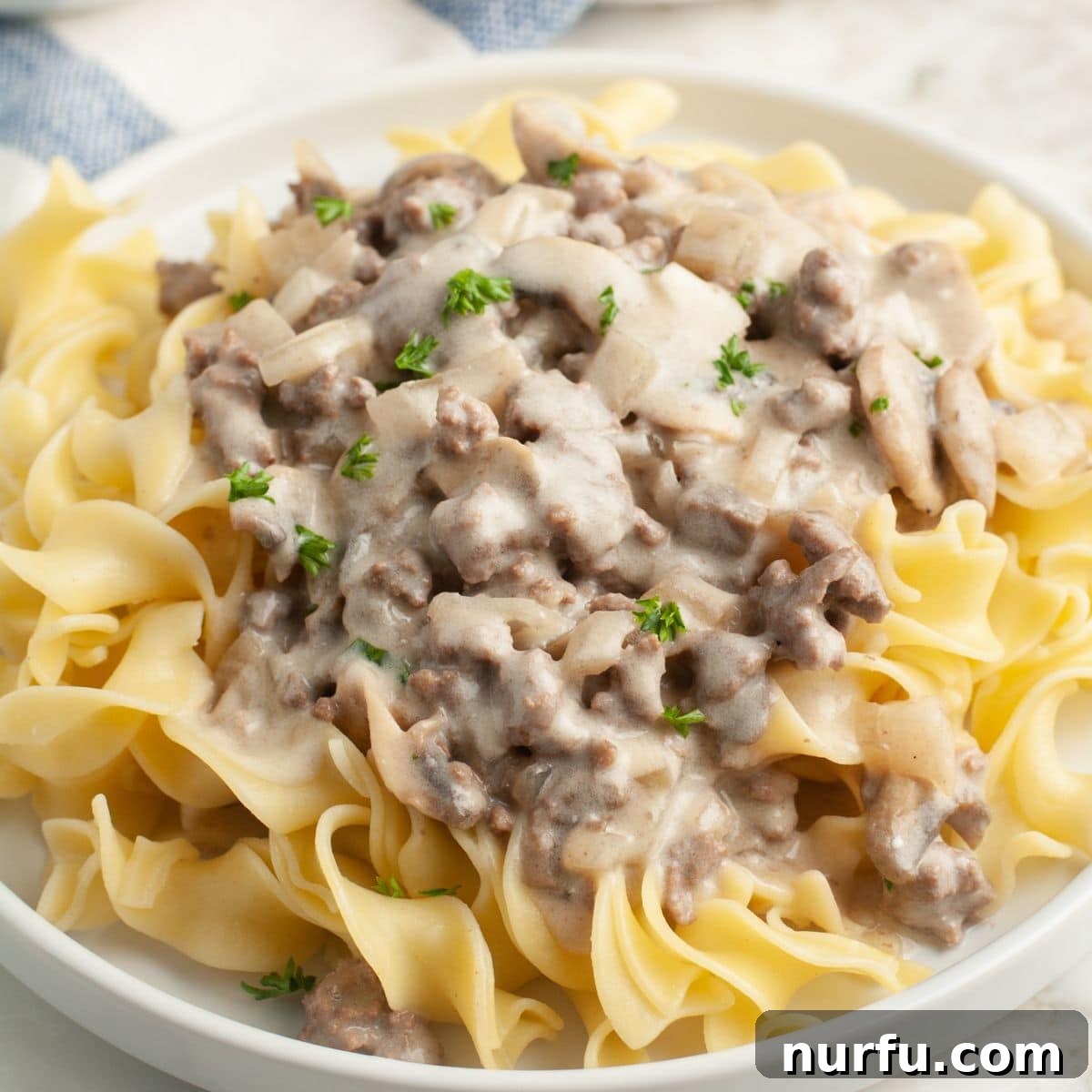 Homemade Skillet Stroganoff with Noodles 7 Plate of egg noodles with rich ground beef stroganoff, garnished with fresh herbs.