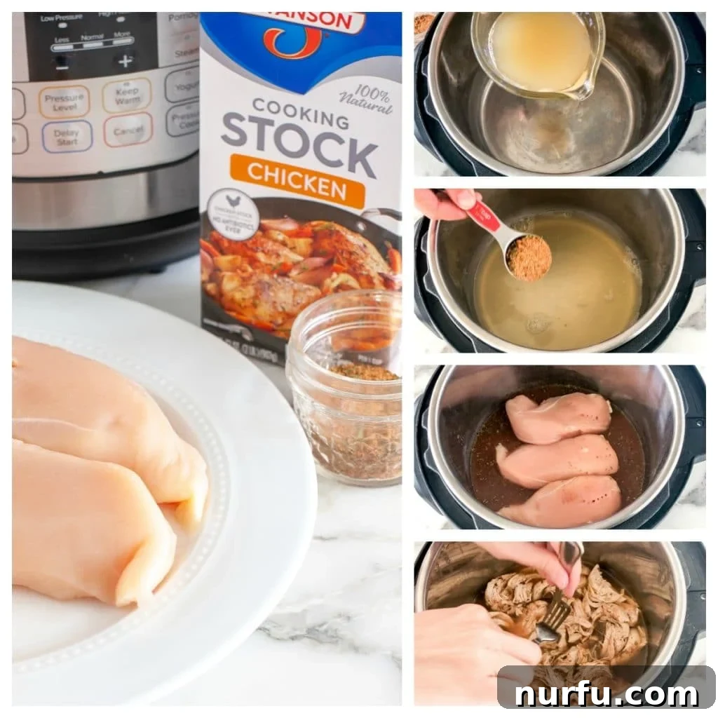 Speedy Instant Pot Pulled Chicken 3 Chicken breasts, chicken stock, and seasoning in an Instant Pot, ready for cooking