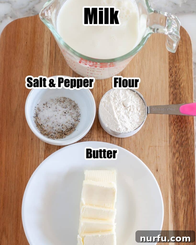 Creamy Country Gravy 3 Bowl of milk, flour, salt, pepper, and butter.