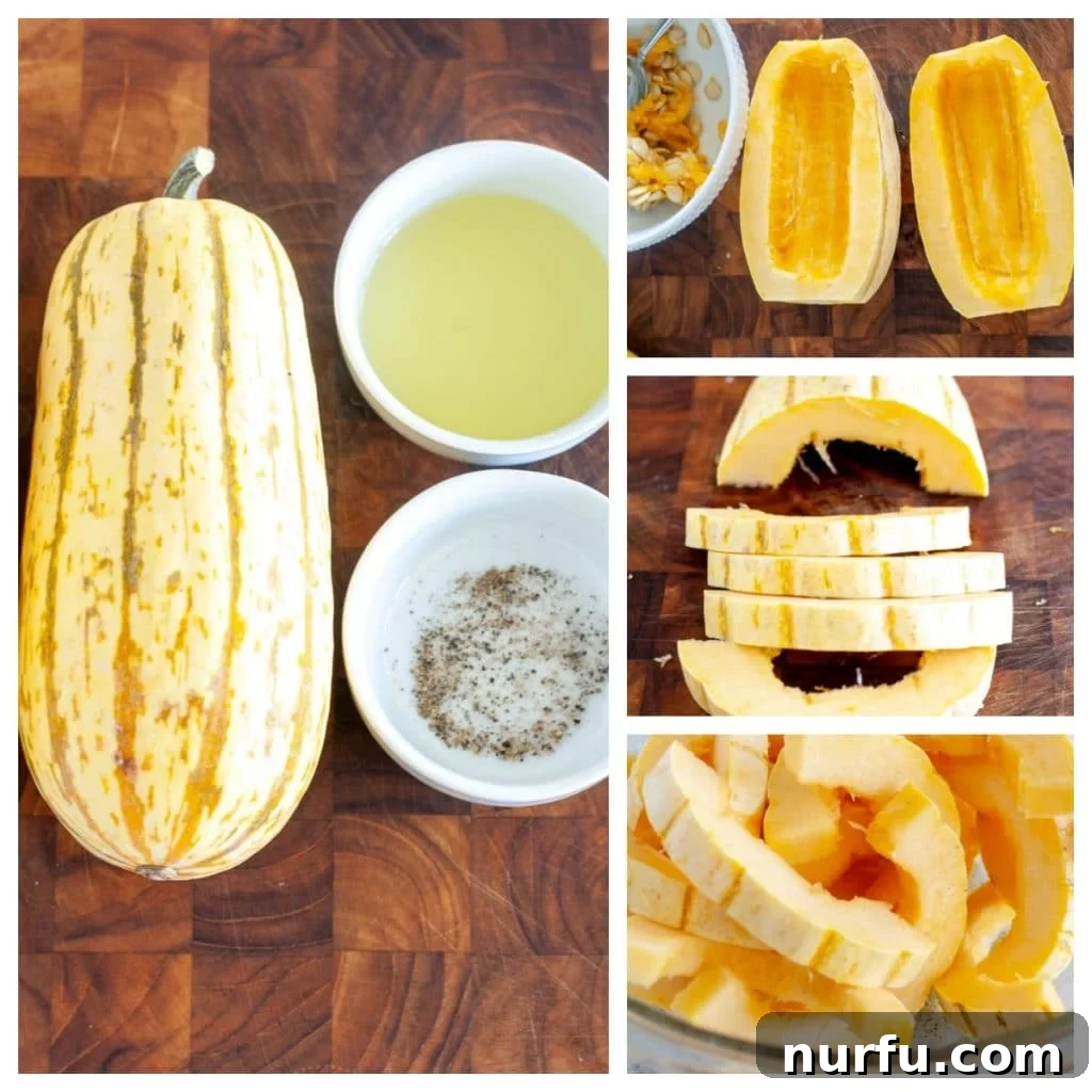 Golden Roasted Delicata Squash Oven and Air Fryer 3 Raw delicata squash slices coated in olive oil, salt, and pepper, meticulously arranged on a baking sheet and in an air fryer basket, demonstrating preparation for both cooking methods