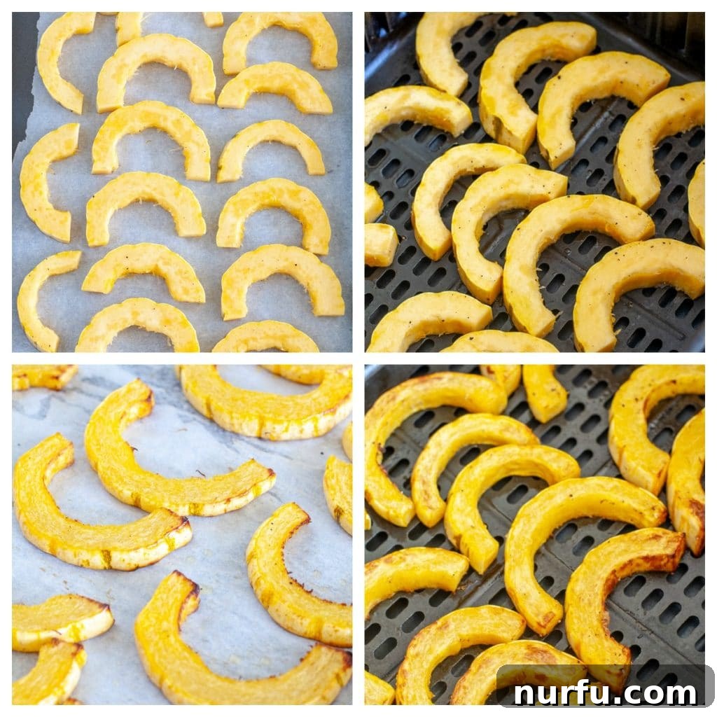 Golden Roasted Delicata Squash Oven and Air Fryer 4 Delicata squash slices perfectly arranged on a parchment-lined baking sheet for oven roasting and in an air fryer basket, showcasing preparation for both cooking methods side-by-side