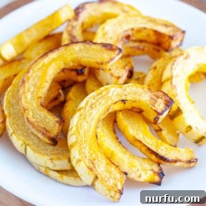 Perfectly roasted delicata squash slices on a plate, garnished lightly with herbs