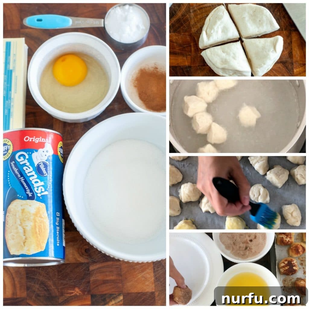 Ingredients laid out for cinnamon pretzel bites: canned biscuits, butter, sugar, egg, baking soda, cinnamon