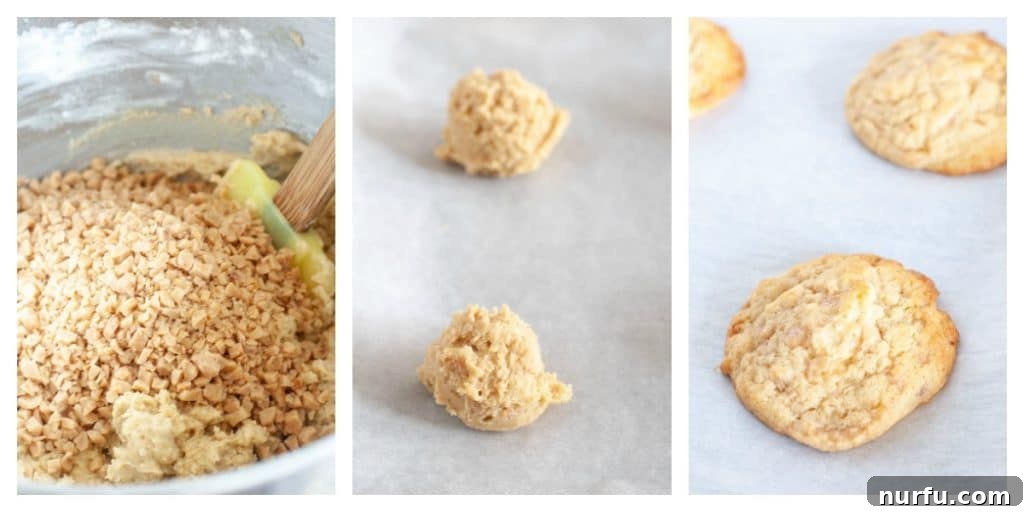 The process of making coffee toffee cookies, showing the creamy dough in a mixing bowl and perfectly scooped portions ready on a baking sheet.