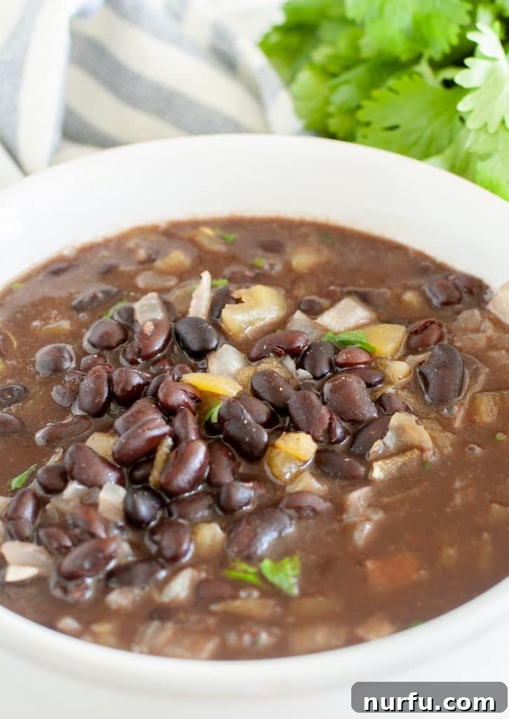 Black beans in a bowl, garnished with cilantro
