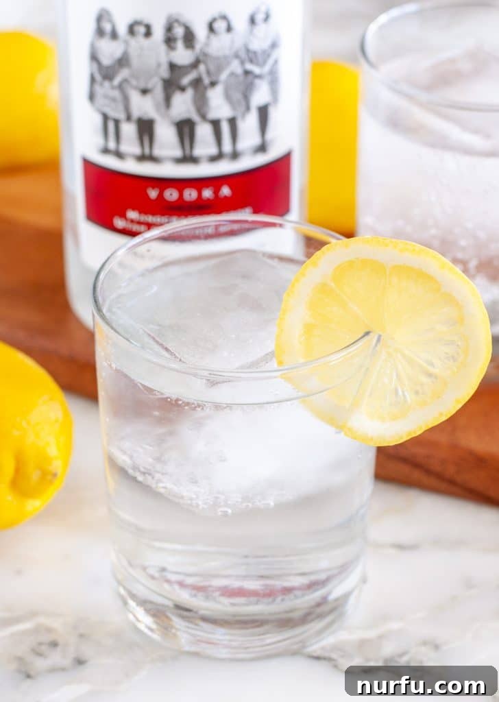 A perfectly prepared Vodka Soda cocktail in a glass, garnished with a fresh lemon slice, sparkling with condensation.