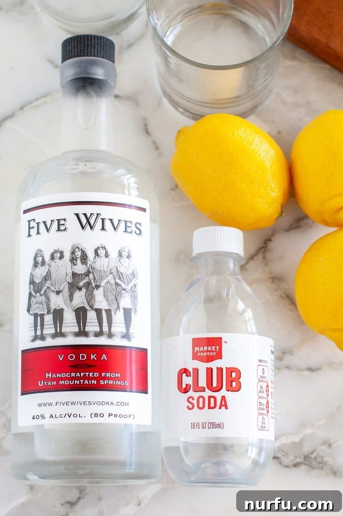 A flat lay of the key ingredients for a Vodka Soda: a bottle of premium vodka, a sparkling bottle of club soda, and fresh, bright lemons.