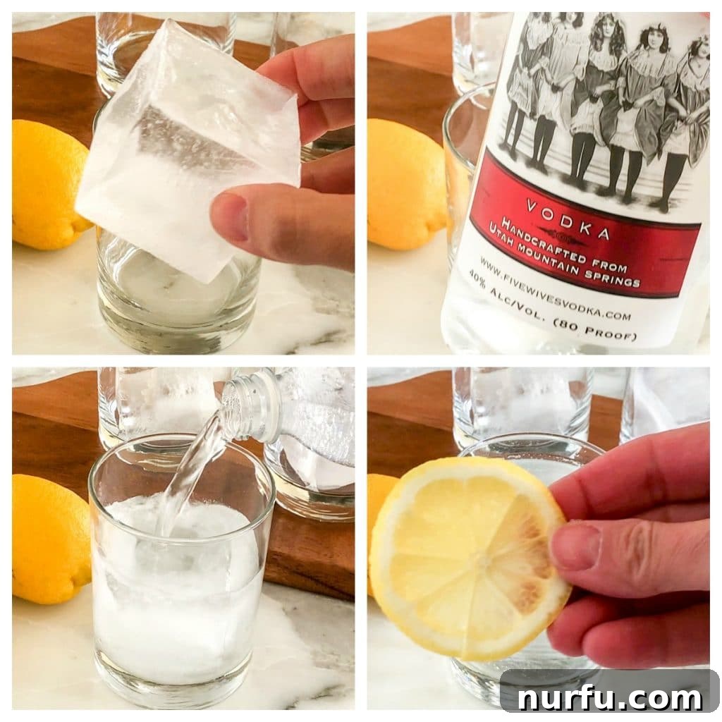 A step-by-step image illustrating the process of making a Vodka Soda: ice in a glass, then vodka being poured, followed by club soda, and finally a squeeze of fresh lemon.