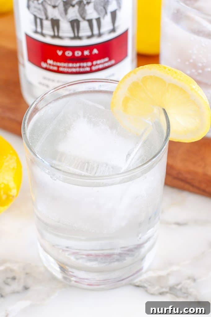 A close-up shot of a freshly poured Vodka Soda cocktail in a glass, with a lime slice, showcasing the clarity and effervescence of the drink.