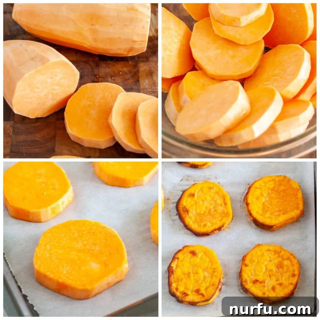 Roasted Sweet Potato Rounds 3 Sliced sweet potato in a bowl and on a baking sheet