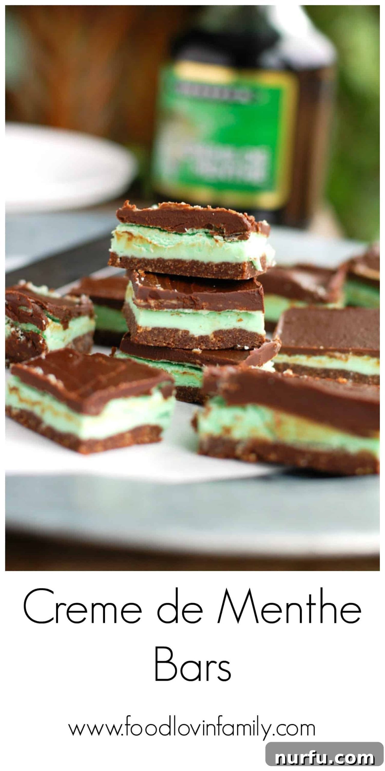 Creme de menthe bars collage showing different angles and serving suggestions.
