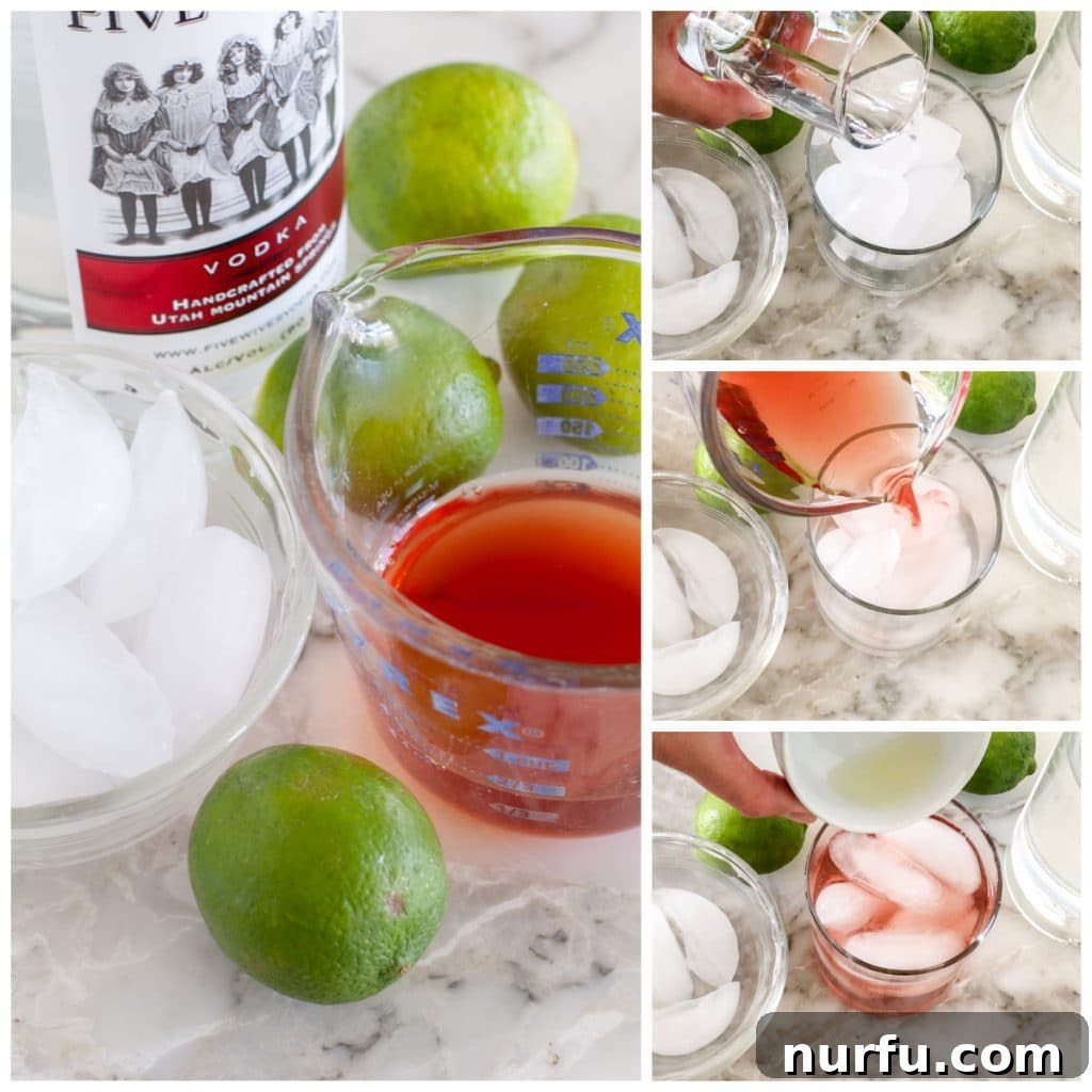 Ingredients for a vodka cranberry: cranberry juice, vodka, and lime juice