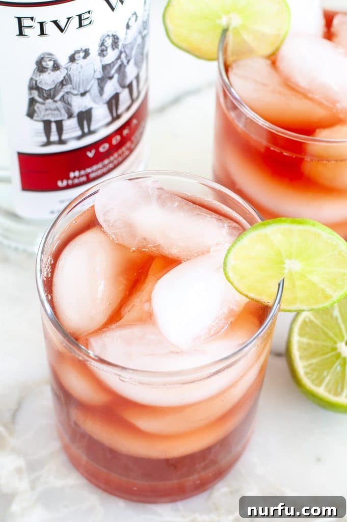 Close-up of a vodka cranberry cocktail with lime and cranberries