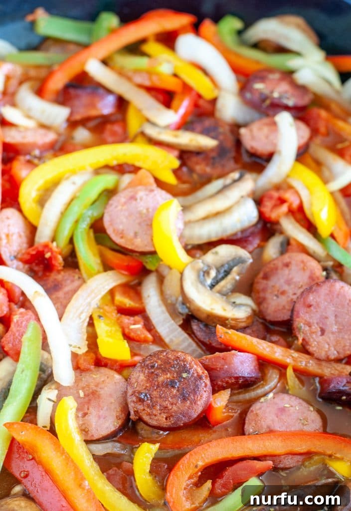 Hearty Polish Sausage Skillet 2 Sausage, peppers and onions in skillet
