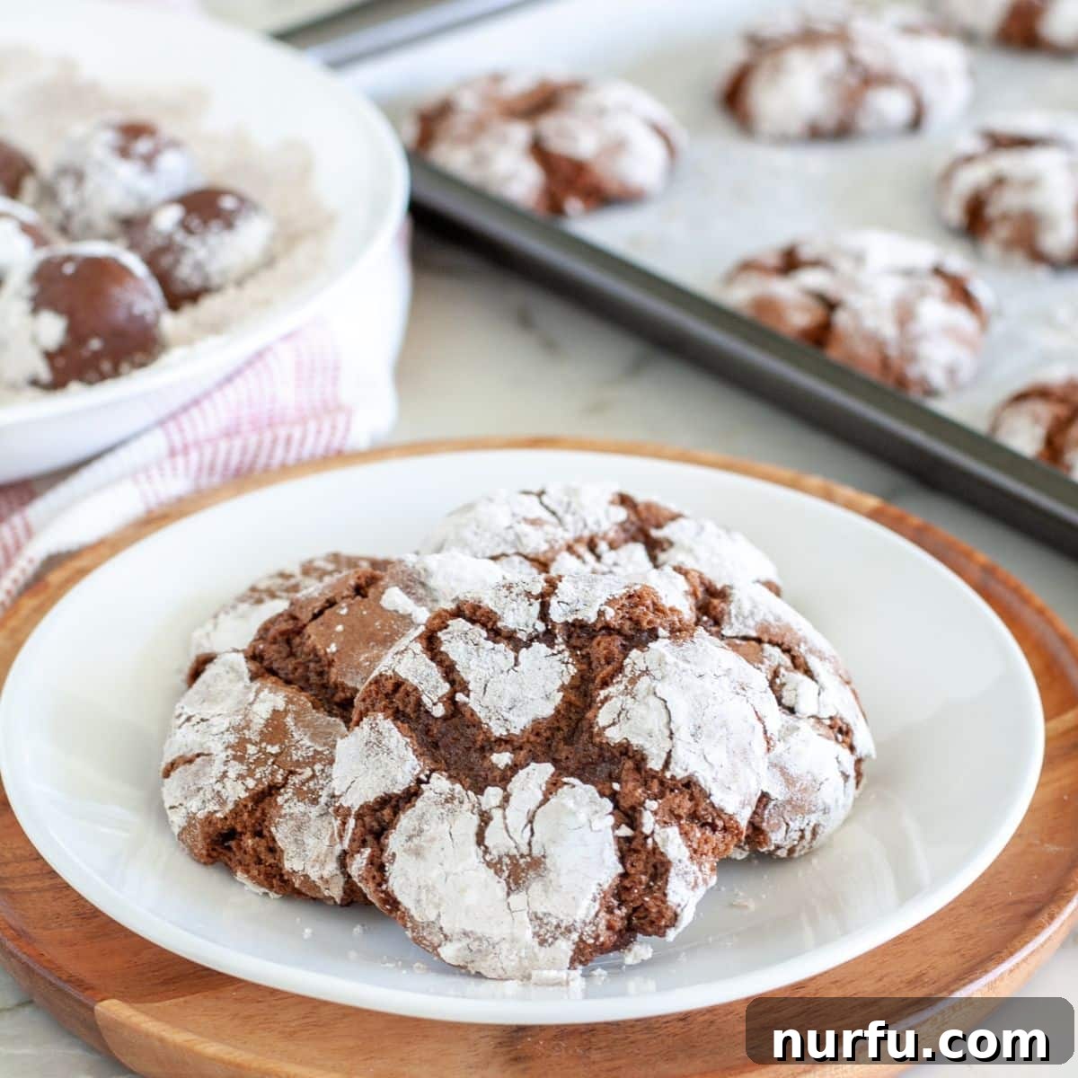 Spiced Chocolate Crinkle Delights 6 A close-up shot of a plate brimming with delectable chocolate cinnamon crinkle cookies, highlighting their perfect cracked tops and inviting texture.