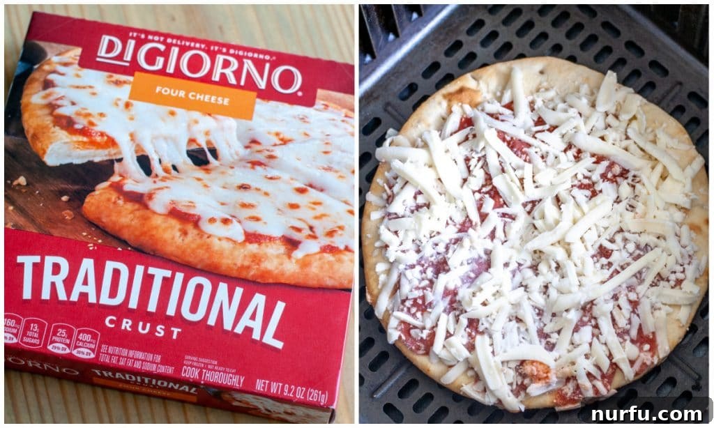 Crispy Air Fryer Frozen Pizza Perfection 3 Frozen pizza in box and in air fryer