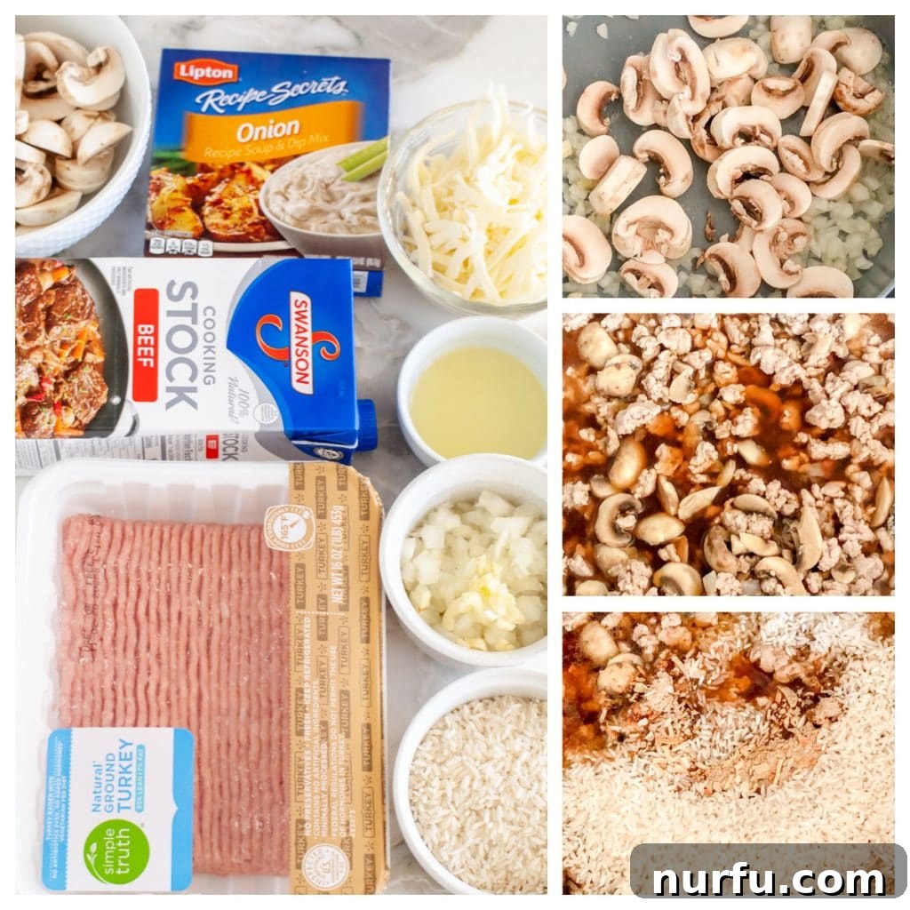 Hearty Turkey Casserole 3 Step-by-step process of making ground turkey casserole, showing ground turkey, onion soup mix, beef stock, and rice cooking in a skillet, illustrating a one-pan meal.