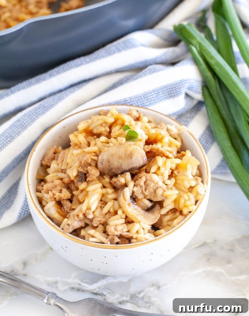 Hearty Turkey Casserole 4 Delicious and creamy ground turkey and rice casserole served in a white bowl, ready to eat, highlighting its comfort food appeal.