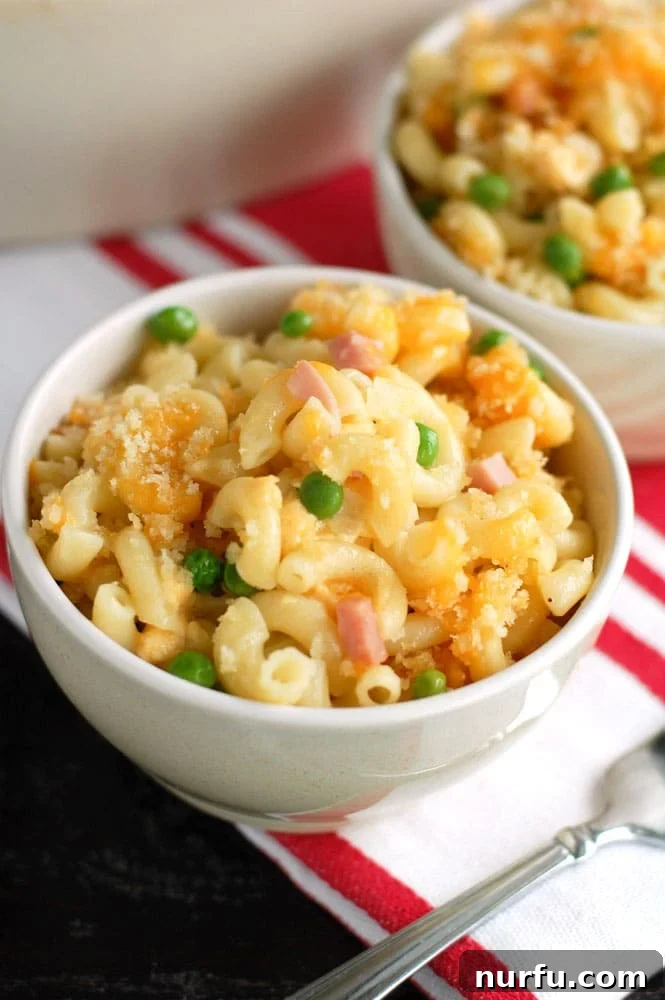 Macaroni and Cheese with Ham and Peas, a modern classic Classic Macaroni and Cheese with Ham and Peas