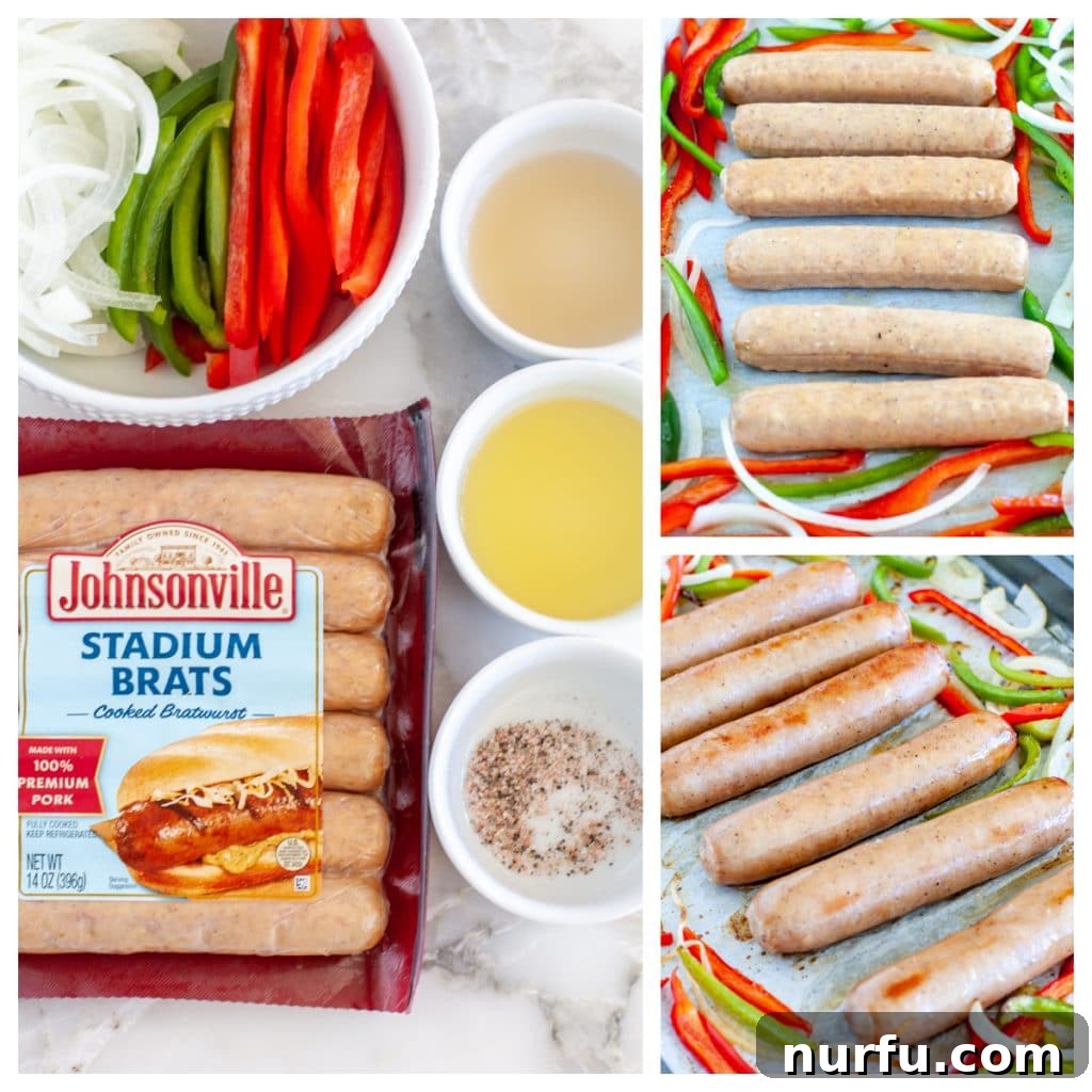 Golden Oven Brats 3 Ingredients for oven-baked bratwurst laid out: a package of brats, sliced onions, colorful bell peppers, olive oil, and vinegar.