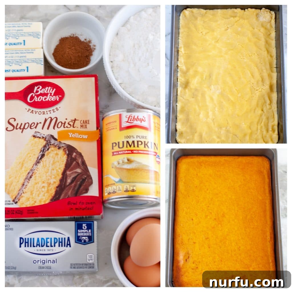 The step-by-step process of making gooey pumpkin butter cake, showing ingredients and mixing stages.
