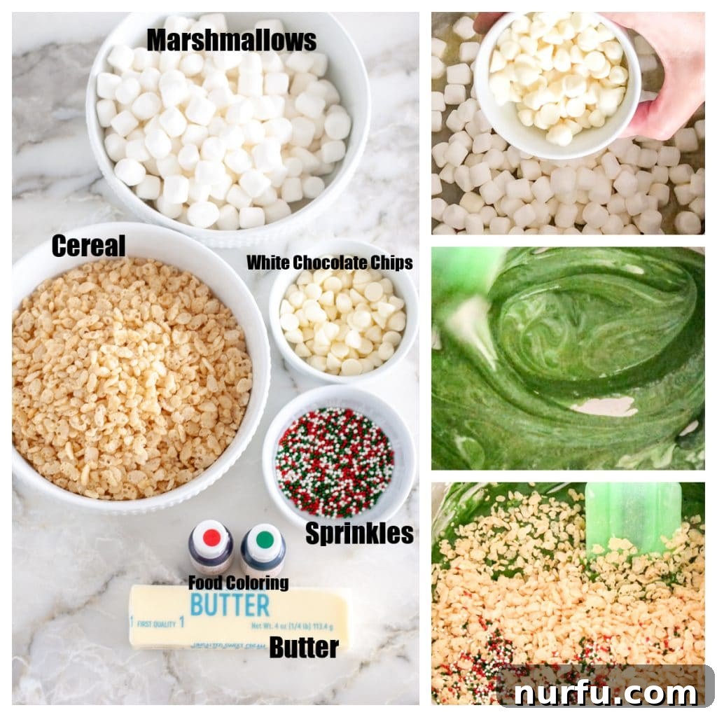 Festive Crispy Delights 3 Ingredients laid out for Christmas Rice Krispie Treats: marshmallows, butter, cereal, chocolate chips, sprinkles, and food coloring.