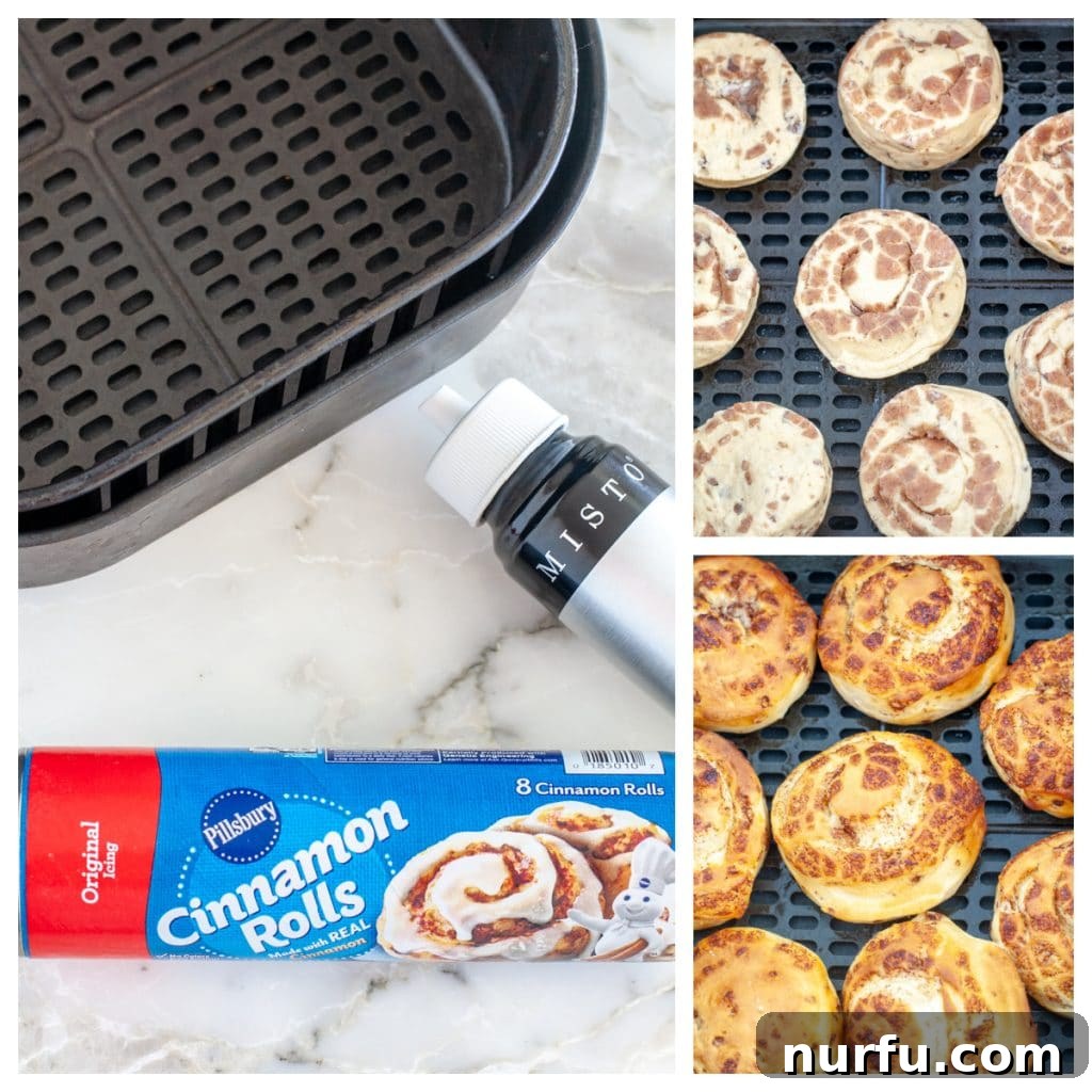 Effortless Air Fryer Cinnamon Buns 3 Pillsbury cinnamon rolls arranged in an air fryer basket before cooking