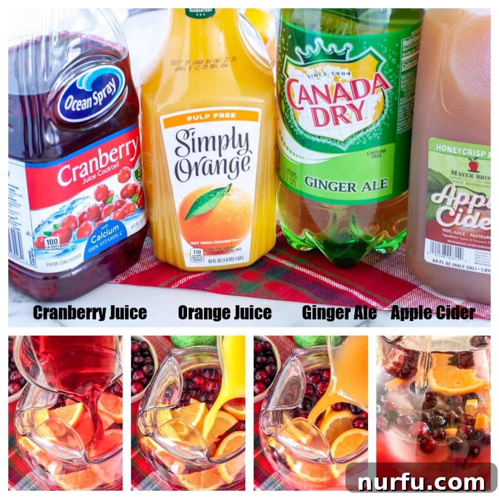 Cranberry juice, Orange Juice, Ginger Ale, Apple Cider laid out for making punch
