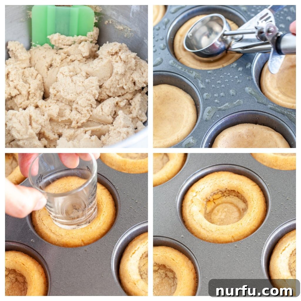 Mini Apple Pie Cookie Treats 3 Cookie dough in bowl and being pressed into a muffin tin