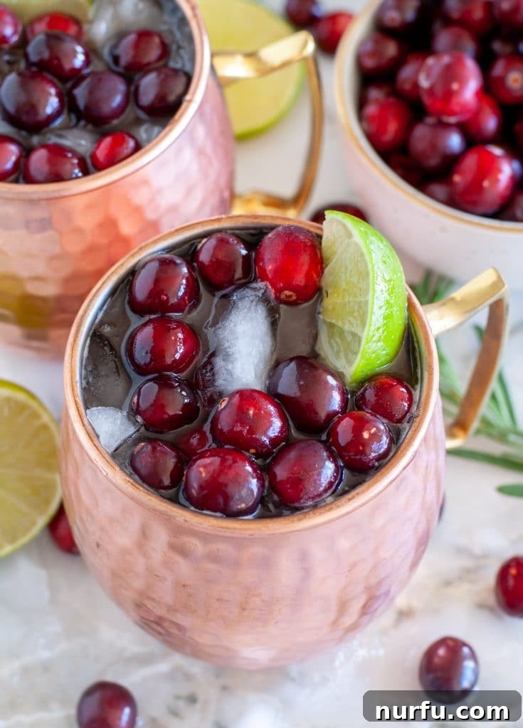 A pristine copper mug filled with a Cranberry Moscow Mule, garnished with floating cranberries and a vibrant lime wedge, against a warm, inviting backdrop.