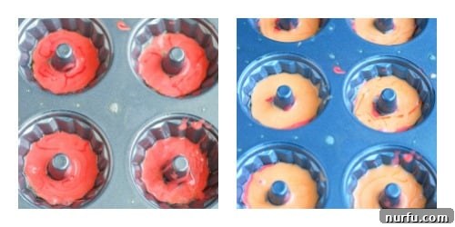 Close-up of rainbow cake batter being layered into a mini bundt pan.