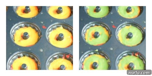 Side view of multiple mini bundt cakes with rainbow batter layers.