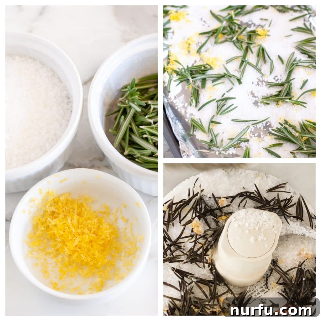 Fragrant Rosemary Salt Blend 3 Salt, lemon zest, and fresh rosemary sprigs in a bowl, prepared for blending.