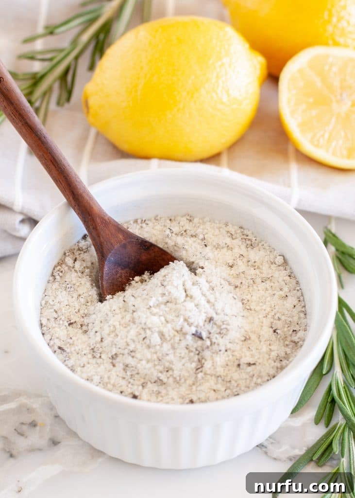 Fragrant Rosemary Salt Blend 4 Rosemary salt in a small white bowl, ready for serving or storage.