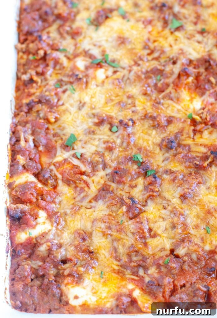 A glorious, freshly baked no-boil lasagna in a 9x13 inch casserole dish, its top golden brown and bubbling with melted cheese, ready to be served.