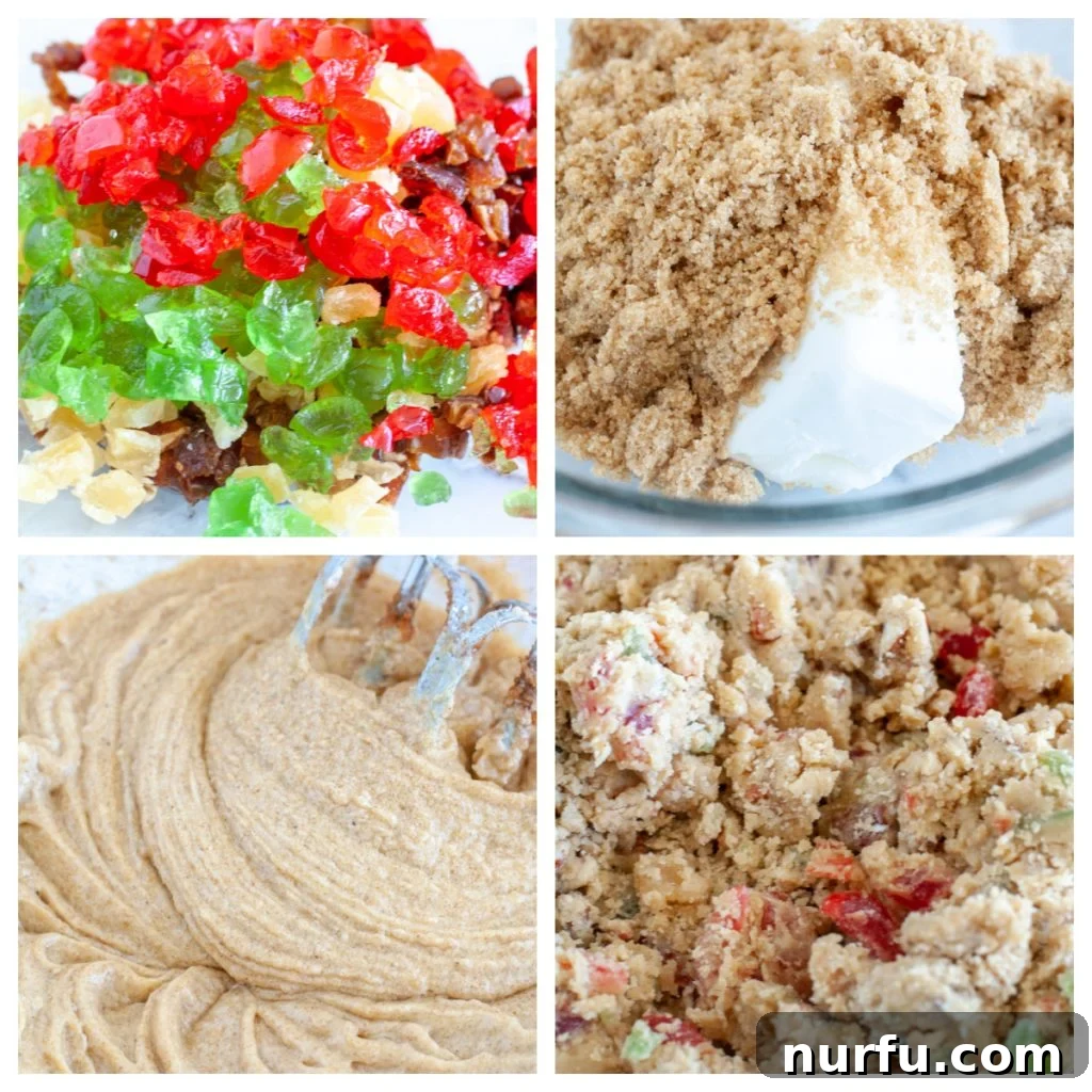 A visual guide to making fruitcake cookies: a bowl of colorful candied fruit, a creamy mixture of sugar and shortening, and a large bowl with all ingredients combined into a festive dough.