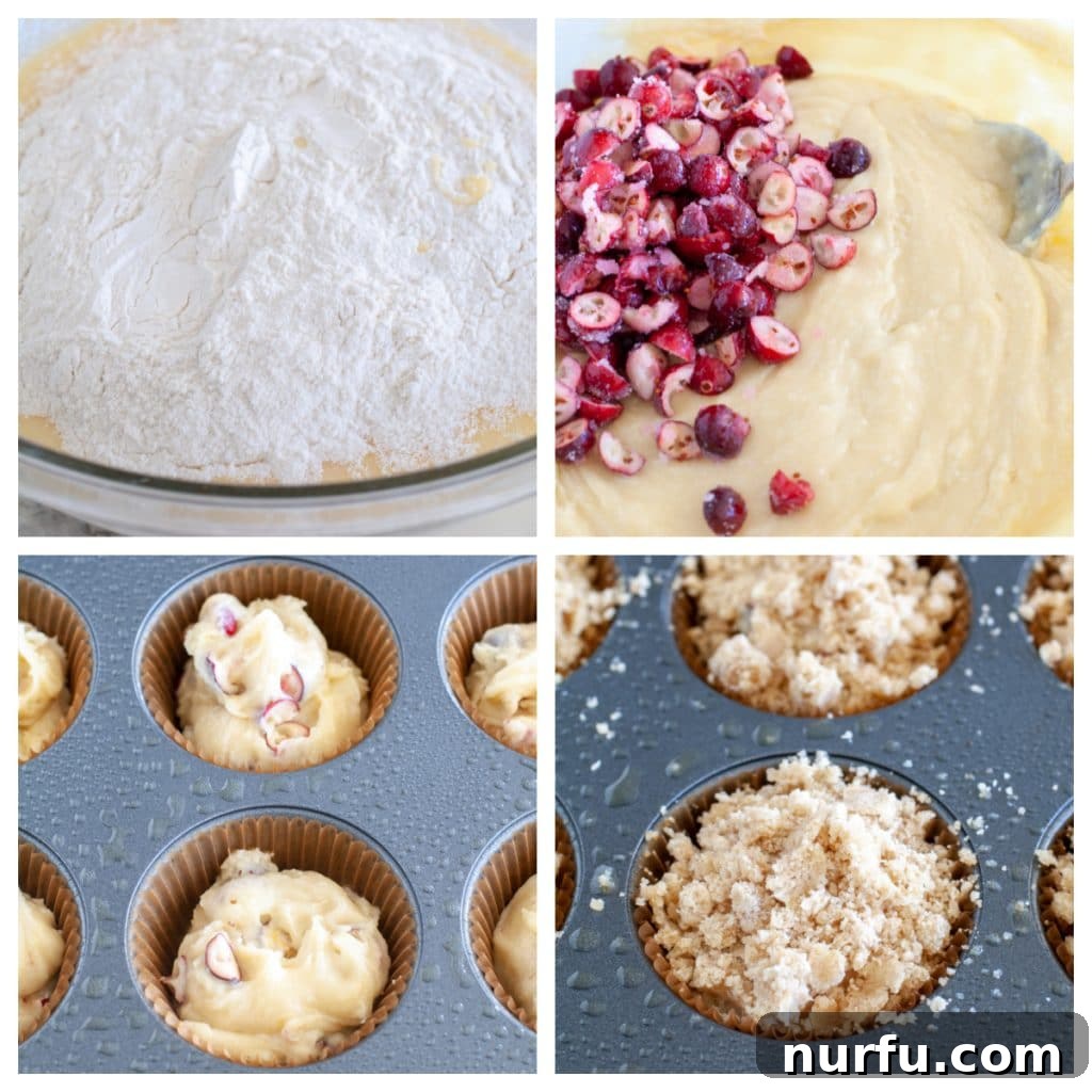 Spiced Cranberry Eggnog Delights 3 Two images: one showing muffin batter in a mixing bowl with fresh cranberries, and the other showing the batter divided into muffin cups with streusel topping before baking.