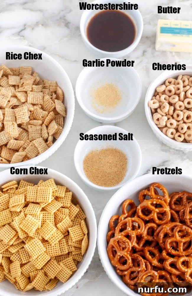 Air Fried Chex Mix Perfection 3 Individual bowls displaying the core ingredients for Air Fryer Chex Mix: Chex cereal, butter, pretzels, and Cheerios, ready to be combined.